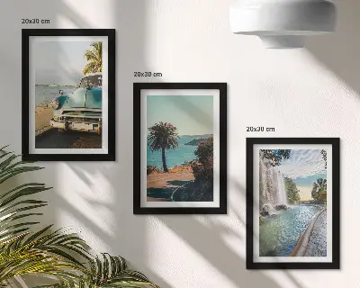 Üdülési tájképek pálmafákkal és vízeséssel keretezett triptichon