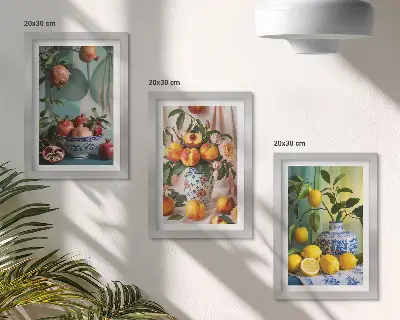 Gránátalmák, őszibarackok és citromok vázákban keretezett triptichon