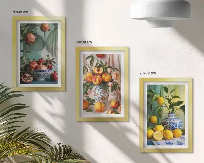 Gránátalmák, őszibarackok és citromok vázákban keretezett triptichon