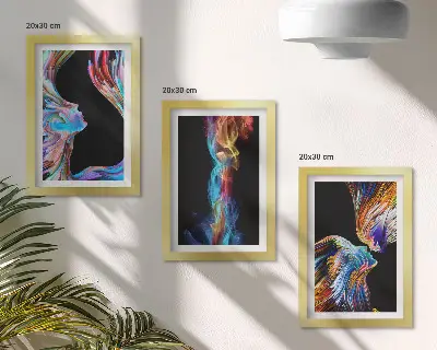Színes absztrakciók arcokkal és dinamikus formákkal keretezett triptichon