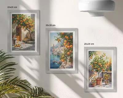Festett citrusfélék és tengerparti tájképek háromrészes keretezett triptichon