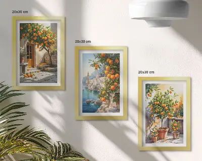 Festett citrusfélék és tengerparti tájképek háromrészes keretezett triptichon