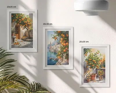 Festett citrusfélék és tengerparti tájképek háromrészes keretezett triptichon