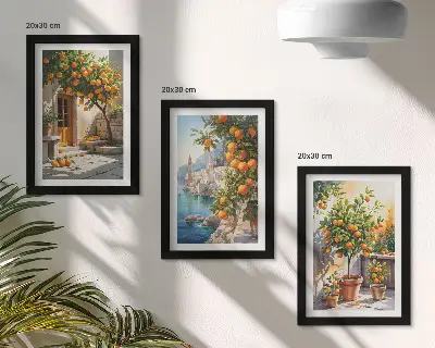 Festett citrusfélék és tengerparti tájképek háromrészes keretezett triptichon