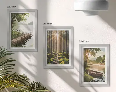 Békés tájak az erdő és a tó csónakkal keretezett triptichon