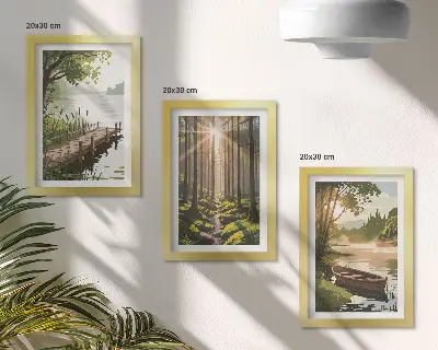 Békés tájak az erdő és a tó csónakkal keretezett triptichon