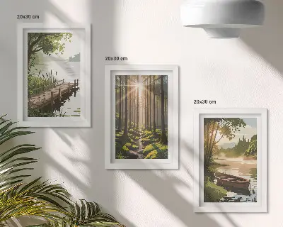 Békés tájak az erdő és a tó csónakkal keretezett triptichon