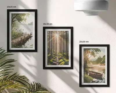 Békés tájak az erdő és a tó csónakkal keretezett triptichon