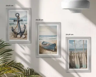 Modern keretezett kép szett csónakhorgony és evezők a tengerparton a tenger mellett