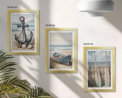 Modern keretezett kép szett csónakhorgony és evezők a tengerparton a tenger mellett