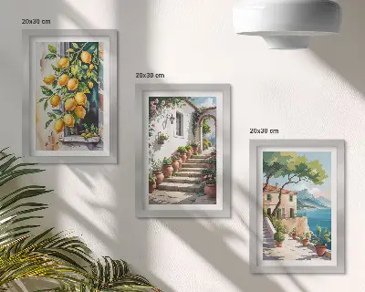 Keretezett triptichon citromok, virágok és tengerparti kilátás mintával