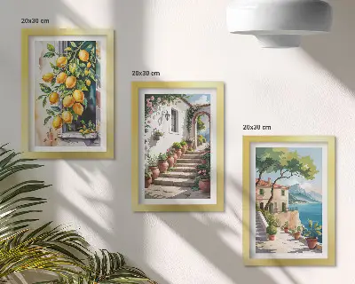Keretezett triptichon citromok, virágok és tengerparti kilátás mintával