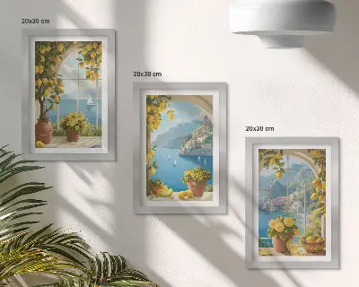 Keretezett triptichon tengerparti táj olasz citromokkal az ablakokban