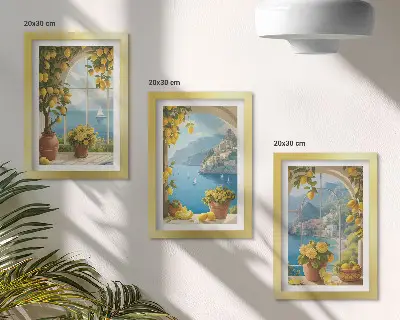 Keretezett triptichon tengerparti táj olasz citromokkal az ablakokban