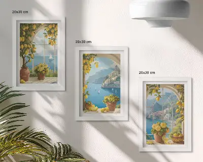 Keretezett triptichon tengerparti táj olasz citromokkal az ablakokban