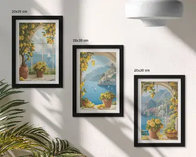 Keretezett triptichon tengerparti táj olasz citromokkal az ablakokban
