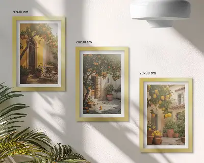 Napos terasz citrusfákkal és cserepekkel keretezett háromrészes falikép
