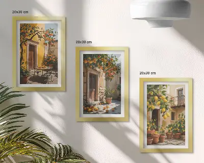 Citrusfélék egy napsütötte udvarban keretezett háromrészes fali képtriptichon