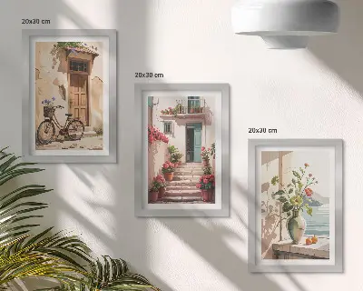 Keretezett triptichon virágokkal és biciklivel díszített utcarészlet