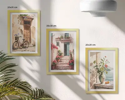 Keretezett triptichon virágokkal és biciklivel díszített utcarészlet