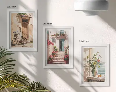 Keretezett triptichon virágokkal és biciklivel díszített utcarészlet