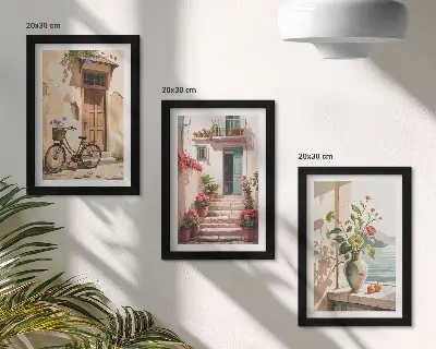 Keretezett triptichon virágokkal és biciklivel díszített utcarészlet