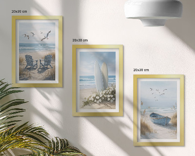 Modern keretezett kép szett Strand szörfdeszkákkal, csónakokkal és madarakkal
