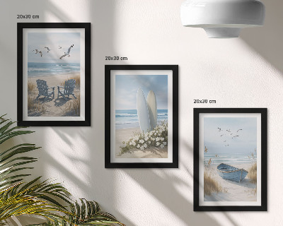 Modern keretezett kép szett Strand szörfdeszkákkal, csónakokkal és madarakkal