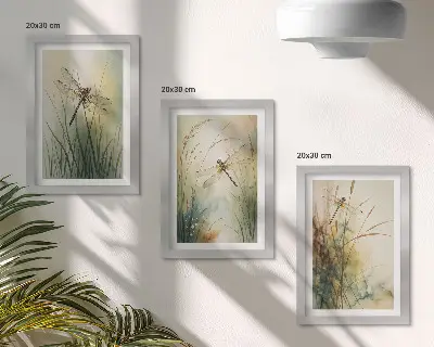 Festett füvek szitakötőkkel a víz felett keretezett triptichon