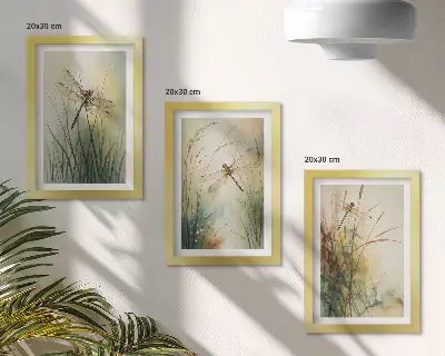 Festett füvek szitakötőkkel a víz felett keretezett triptichon