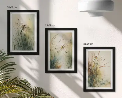 Festett füvek szitakötőkkel a víz felett keretezett triptichon