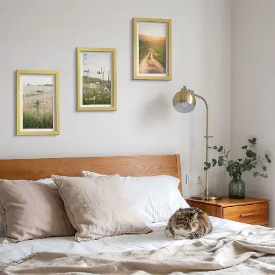 Modern keretezett képszett természeti táj mezőkkel és napsütötte ösvénnyel