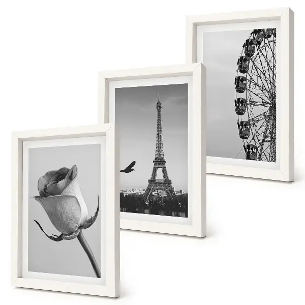 Keretezett triptichon rózsaszín Eiffel-torony és óriáskerék monokróm stílusban