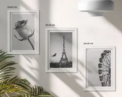 Keretezett triptichon rózsaszín Eiffel-torony és óriáskerék monokróm stílusban