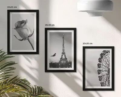 Keretezett triptichon rózsaszín Eiffel-torony és óriáskerék monokróm stílusban