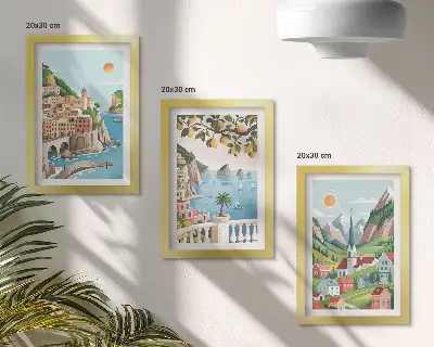 Modern keretezett képszett festői tengerparti és citrusos tájakkal