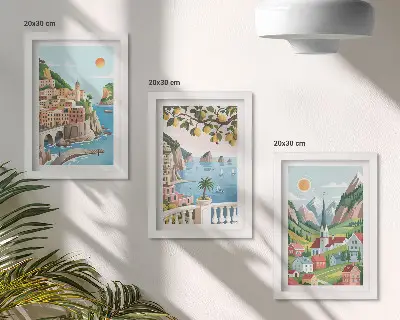Modern keretezett képszett festői tengerparti és citrusos tájakkal