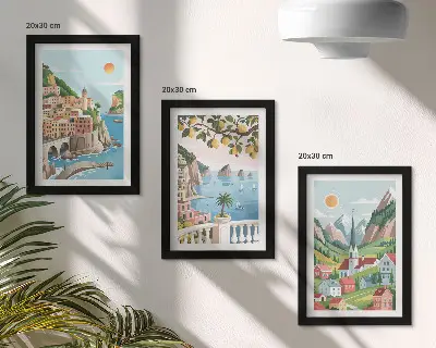 Modern keretezett képszett festői tengerparti és citrusos tájakkal