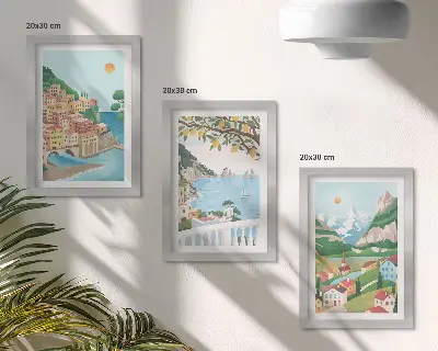Tengerparti kilátás pasztellszínű házakkal keretezett triptichon