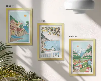Tengerparti kilátás pasztellszínű házakkal keretezett triptichon