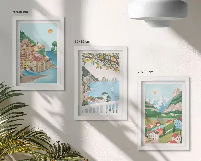 Tengerparti kilátás pasztellszínű házakkal keretezett triptichon