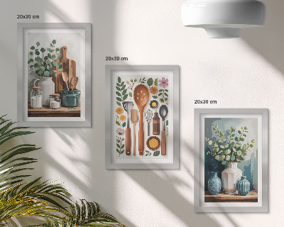 Keretezett triptichon Konyhai kiegészítők növényekkel modern stílusban