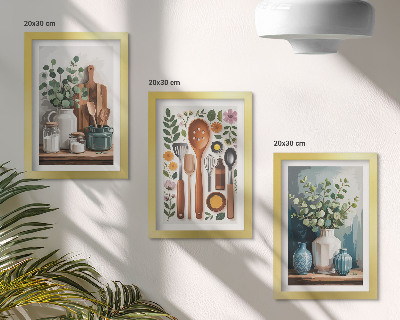 Keretezett triptichon Konyhai kiegészítők növényekkel modern stílusban