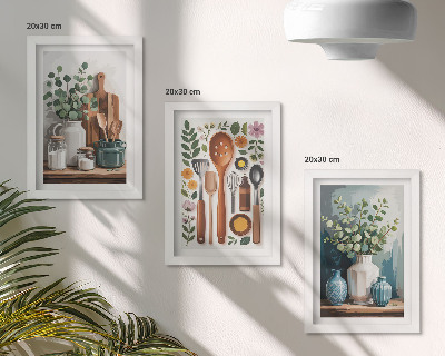Keretezett triptichon Konyhai kiegészítők növényekkel modern stílusban