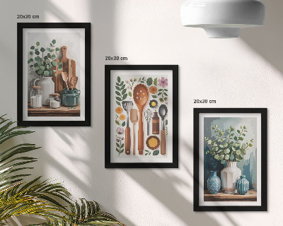 Keretezett triptichon Konyhai kiegészítők növényekkel modern stílusban
