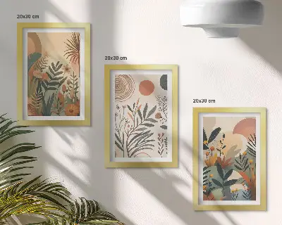 Modern keretezett képszett növényi motívumokkal és visszafogott színes körökkel