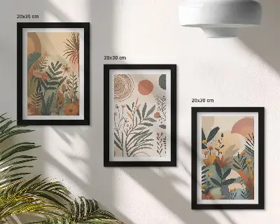 Modern keretezett képszett növényi motívumokkal és visszafogott színes körökkel