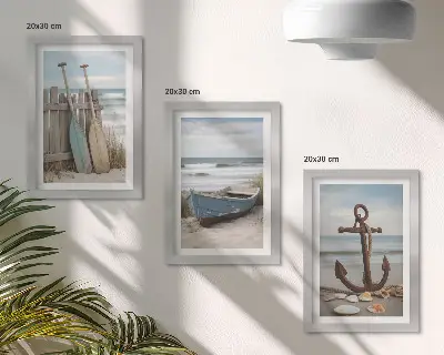 Keretezett triptichon strand evezős csónakkal és homokba szúrt horgonnyal