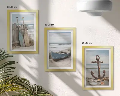 Keretezett triptichon strand evezős csónakkal és homokba szúrt horgonnyal