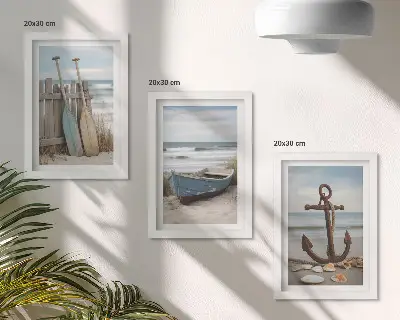Keretezett triptichon strand evezős csónakkal és homokba szúrt horgonnyal